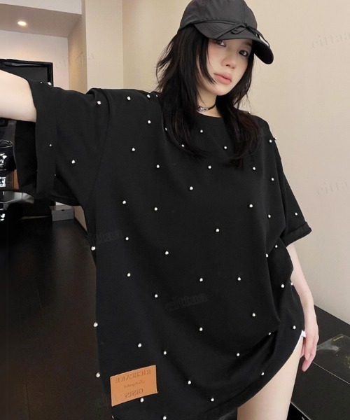 Dalfwin(ダールフィン)の「韓国ファッション RICECAKEラベル付きシルバースタッズ半袖Tシャツ(Tシャツ/カットソー・レディース・ホワイト/ブラック・FREE)」の16枚目の写真