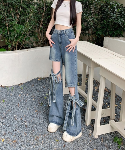 almo(アルモ)の「【Bls】 【ZL】【Bling Leads】リボン×加工 デザインデニムパンツ(BL)(デニムパンツ・レディース・ブルー・FREE)」の6枚目の写真