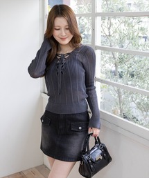 clear | レースアップ透かし編みニットトップス［骨格ウェーブ/Y2K］(ニット/セーター)