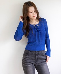 clear | レースアップ透かし編みニットトップス［骨格ウェーブ/Y2K］(ニット/セーター)