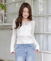 clear | レースアップ透かし編みニットトップス［骨格ウェーブ/Y2K］(ニット/セーター)