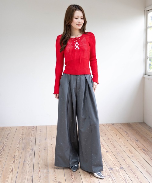 clear（クリア）の「レースアップ透かし編みニットトップス［骨格ウェーブ/Y2K］（ニット/セーター・レディース・レッド/ブルー/チャコールグレー/ブラック/アイボリー・F）」の17枚目の写真