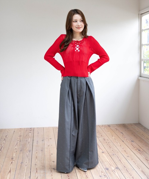 clear（クリア）の「レースアップ透かし編みニットトップス［骨格ウェーブ/Y2K］（ニット/セーター・レディース・レッド/ブルー/チャコールグレー/ブラック/アイボリー・F）」の18枚目の写真