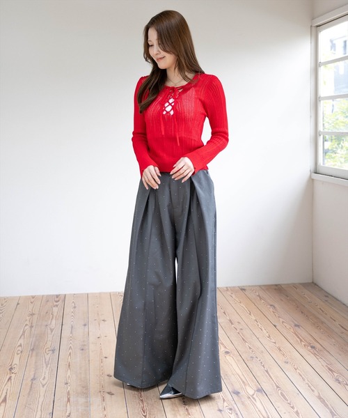 clear（クリア）の「レースアップ透かし編みニットトップス［骨格ウェーブ/Y2K］（ニット/セーター・レディース・レッド/ブルー/チャコールグレー/ブラック/アイボリー・F）」の20枚目の写真