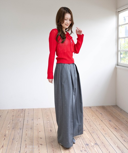 clear（クリア）の「レースアップ透かし編みニットトップス［骨格ウェーブ/Y2K］（ニット/セーター・レディース・レッド/ブルー/チャコールグレー/ブラック/アイボリー・F）」の22枚目の写真