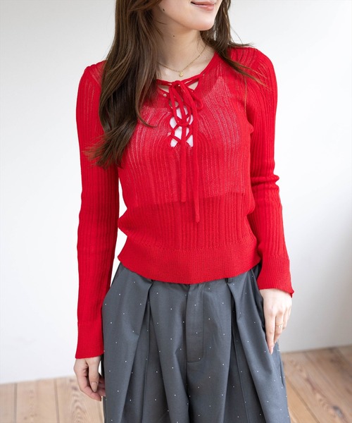 clear（クリア）の「レースアップ透かし編みニットトップス［骨格ウェーブ/Y2K］（ニット/セーター・レディース・レッド/ブルー/チャコールグレー/ブラック/アイボリー・F）」の14枚目の写真