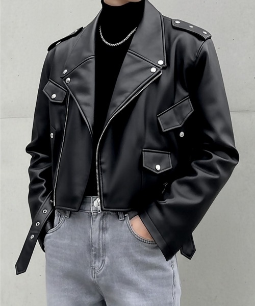 Otte(オッテ)の「PUレザーライダースショートジャケット(テーラードジャケット・メンズ・ブラック・X-LARGE/MEDIUM/LARGE)」の4枚目の写真