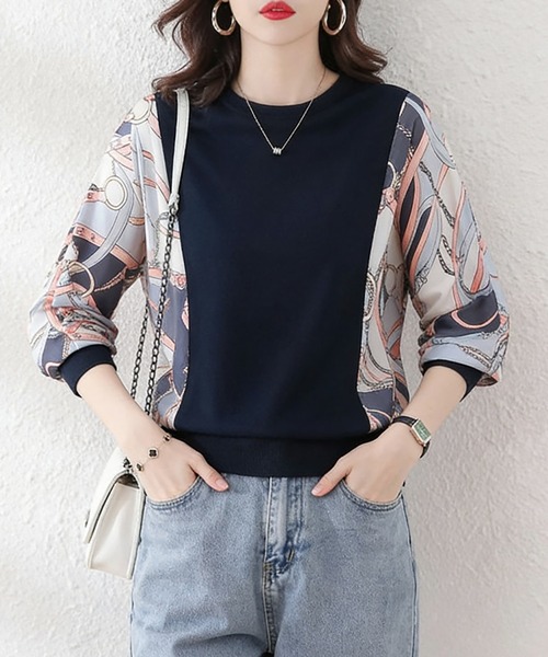 Doux Belle(ドゥーベル)の「プリント袖切替トップス(Tシャツ/カットソー・レディース・ネイビー/ベージュ/ホワイト/グレー・LARGE/MEDIUM)」の4枚目の写真