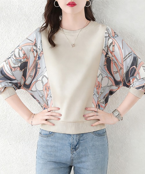 Doux Belle(ドゥーベル)の「プリント袖切替トップス(Tシャツ/カットソー・レディース・ネイビー/ベージュ/ホワイト/グレー・LARGE/MEDIUM)」の22枚目の写真