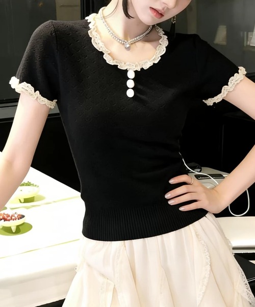 Teem Store(チームストア)の「【ハート柄】配色トリム フロントボタン フリル半袖 サマーニット レースフリルスリーブ(Tシャツ/カットソー・レディース・ブラック/レッド/ホワイト/イエロー・F)」の15枚目の写真