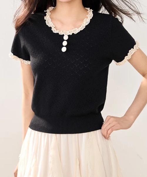 Teem Store(チームストア)の「【ハート柄】配色トリム フロントボタン フリル半袖 サマーニット レースフリルスリーブ(Tシャツ/カットソー・レディース・ブラック/レッド/ホワイト/イエロー・F)」の17枚目の写真