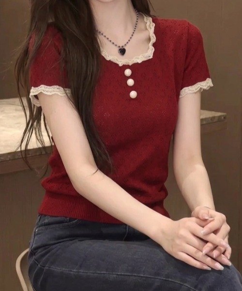 Teem Store(チームストア)の「【ハート柄】配色トリム フロントボタン フリル半袖 サマーニット レースフリルスリーブ(Tシャツ/カットソー・レディース・ブラック/レッド/ホワイト/イエロー・F)」の12枚目の写真