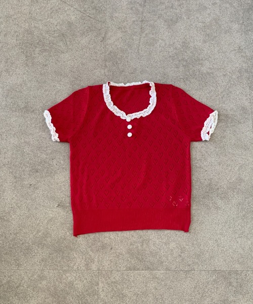 Teem Store(チームストア)の「【ハート柄】配色トリム フロントボタン フリル半袖 サマーニット レースフリルスリーブ(Tシャツ/カットソー・レディース・ブラック/レッド/ホワイト/イエロー・F)」の18枚目の写真