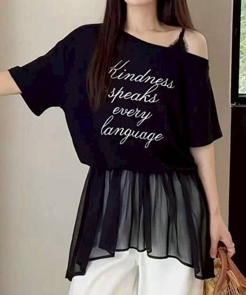 SpRay（スプレイ）の「ロゴオフショルドッキングトップス（Tシャツ/カットソー・レディース・ホワイト/ブラック・FREE）」の2枚目の写真