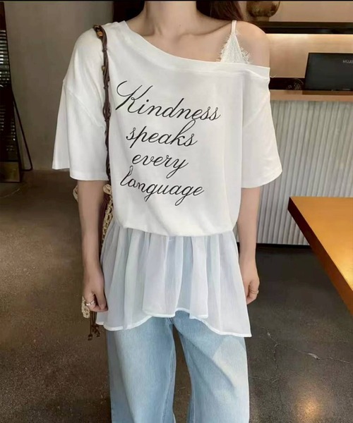 SpRay（スプレイ）の「ロゴオフショルドッキングトップス（Tシャツ/カットソー・レディース・ホワイト/ブラック・FREE）」の3枚目の写真