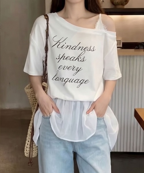 SpRay（スプレイ）の「ロゴオフショルドッキングトップス（Tシャツ/カットソー・レディース・ホワイト/ブラック・FREE）」の4枚目の写真