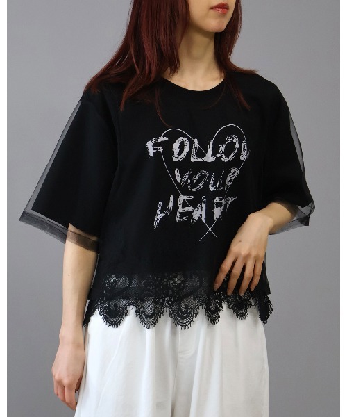 Doumoi(ドゥモエ)の「チュール重ね ロゴ レースドッキングデザイン プルオーバー(Tシャツ/カットソー・レディース・ホワイト/ブラック・FREE)」の21枚目の写真