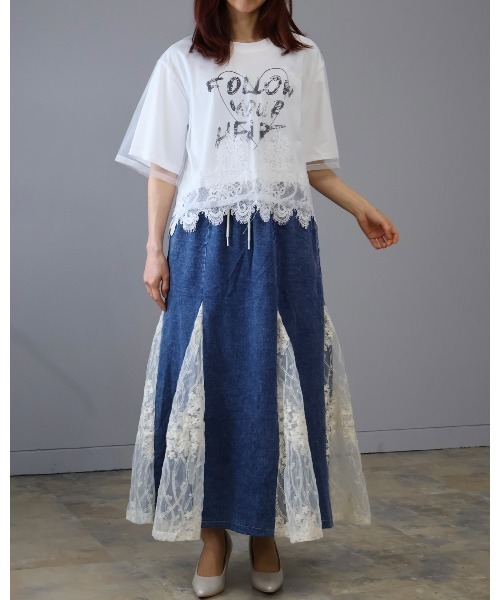 Doumoi(ドゥモエ)の「チュール重ね ロゴ レースドッキングデザイン プルオーバー(Tシャツ/カットソー・レディース・ホワイト/ブラック・FREE)」の3枚目の写真