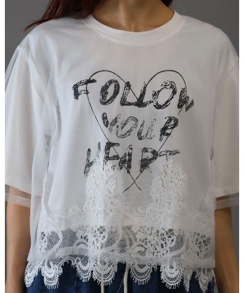 Doumoi(ドゥモエ)の「チュール重ね ロゴ レースドッキングデザイン プルオーバー(Tシャツ/カットソー・レディース・ホワイト/ブラック・FREE)」の13枚目の写真