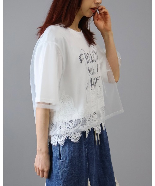 Doumoi(ドゥモエ)の「チュール重ね ロゴ レースドッキングデザイン プルオーバー(Tシャツ/カットソー・レディース・ホワイト/ブラック・FREE)」の12枚目の写真