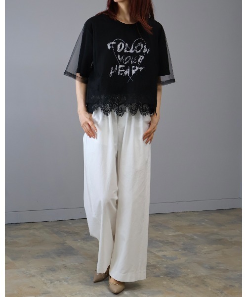 Doumoi(ドゥモエ)の「チュール重ね ロゴ レースドッキングデザイン プルオーバー(Tシャツ/カットソー・レディース・ホワイト/ブラック・FREE)」の16枚目の写真