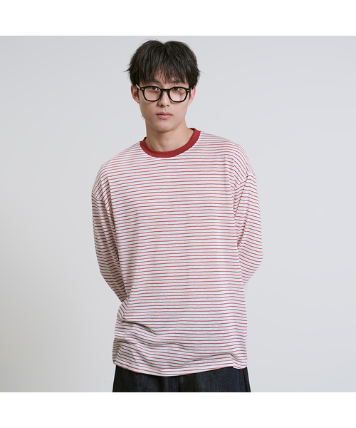 OWSA(オウサ)の「配色ストライプラウンド長袖Tシャツ 2色(Tシャツ/カットソー・メンズ・グレー/レッド・LARGE/X-LARGE)」の1枚目の写真