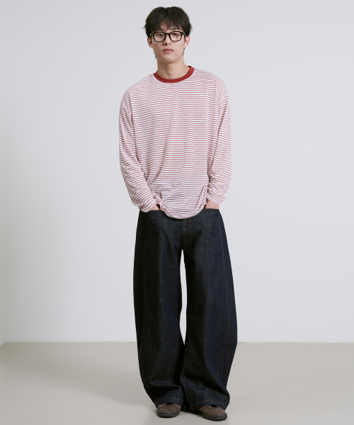 OWSA(オウサ)の「配色ストライプラウンド長袖Tシャツ 2色(Tシャツ/カットソー・メンズ・グレー/レッド・LARGE/X-LARGE)」の3枚目の写真