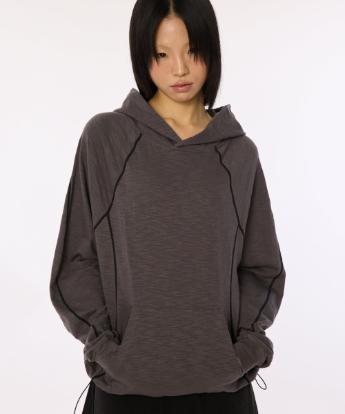 bounDary（バウンダリー）の「スラブ切り替えフードTシャツ[チャコール]（パーカー・レディース・その他・1/2/3）」の2枚目の写真