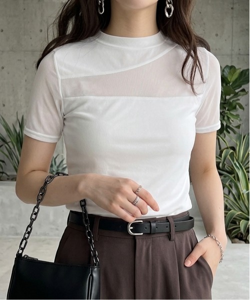 Rejoule（リジュール）の「アシンメトリー切り替えデザイン 半袖チュールシアートップス（Tシャツ/カットソー・レディース・ブラック/ホワイト・FREE）」の2枚目の写真