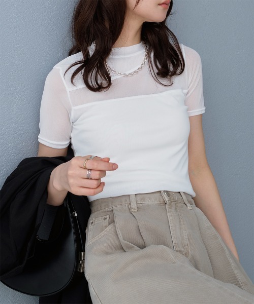 Rejoule（リジュール）の「アシンメトリー切り替えデザイン 半袖チュールシアートップス（Tシャツ/カットソー・レディース・ブラック/ホワイト・FREE）」の6枚目の写真