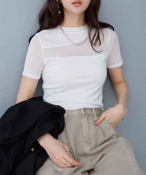 Rejoule（リジュール）の「アシンメトリー切り替えデザイン 半袖チュールシアートップス（Tシャツ/カットソー・レディース・ブラック/ホワイト・FREE）」の3枚目の写真