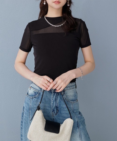 Rejoule（リジュール）の「アシンメトリー切り替えデザイン 半袖チュールシアートップス（Tシャツ/カットソー・レディース・ブラック/ホワイト・FREE）」の12枚目の写真