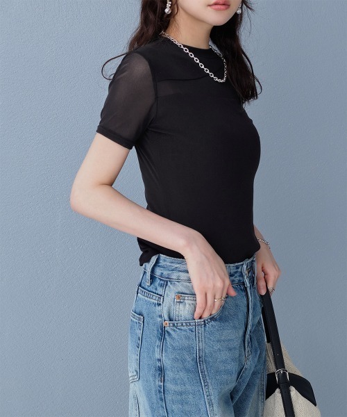 Rejoule（リジュール）の「アシンメトリー切り替えデザイン 半袖チュールシアートップス（Tシャツ/カットソー・レディース・ブラック/ホワイト・FREE）」の13枚目の写真