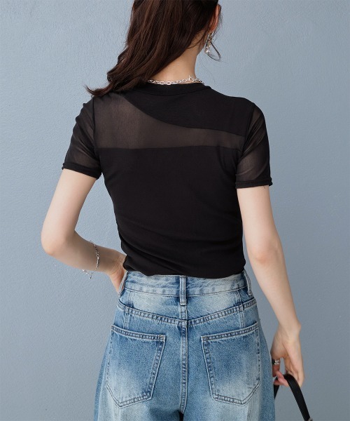 Rejoule（リジュール）の「アシンメトリー切り替えデザイン 半袖チュールシアートップス（Tシャツ/カットソー・レディース・ブラック/ホワイト・FREE）」の14枚目の写真