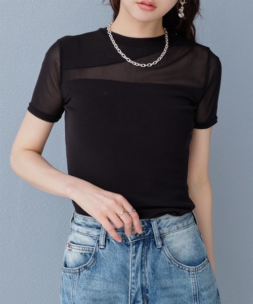 Rejoule（リジュール）の「アシンメトリー切り替えデザイン 半袖チュールシアートップス（Tシャツ/カットソー・レディース・ブラック/ホワイト・FREE）」の15枚目の写真