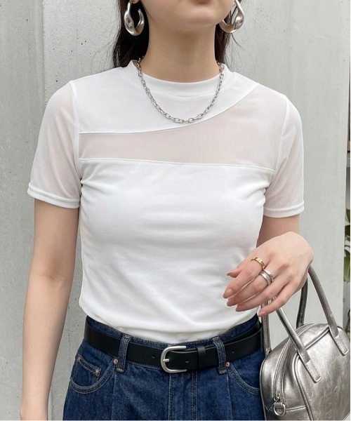 Rejoule（リジュール）の「アシンメトリー切り替えデザイン 半袖チュールシアートップス（Tシャツ/カットソー・レディース・ブラック/ホワイト・FREE）」の17枚目の写真