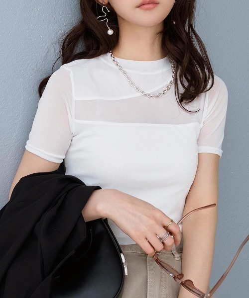 Rejoule（リジュール）の「アシンメトリー切り替えデザイン 半袖チュールシアートップス（Tシャツ/カットソー・レディース・ブラック/ホワイト・FREE）」の21枚目の写真