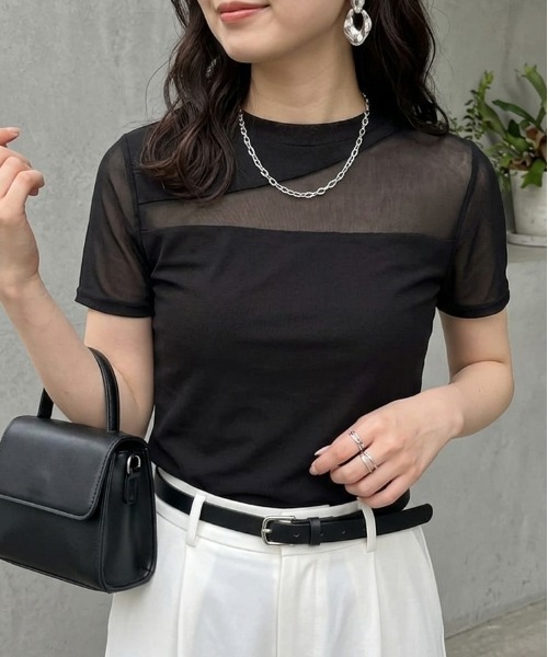Rejoule（リジュール）の「アシンメトリー切り替えデザイン 半袖チュールシアートップス（Tシャツ/カットソー・レディース・ブラック/ホワイト・FREE）」の22枚目の写真