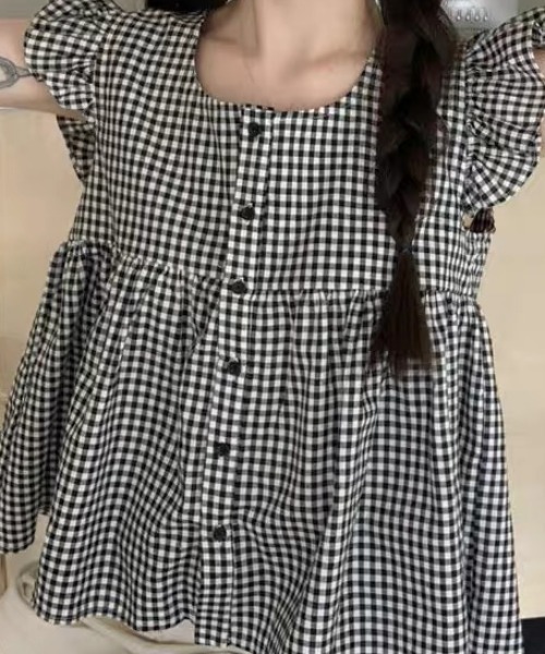 ampm(エーエムピーエム)の「ギンガムチェック ブラウス フリルブラウス ギャザートップス(シャツ/ブラウス・レディース・ブラック・M/S)」の10枚目の写真