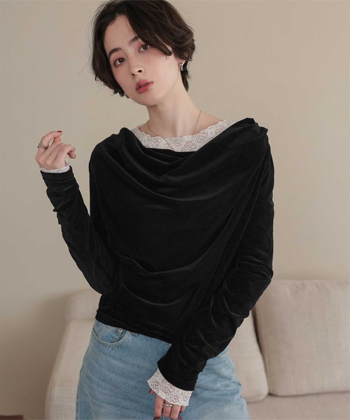 titivate(ティティベイト)の「シアーベロアオフショルダートップス(Tシャツ/カットソー・レディース・ドット/ブラック系その他/アイボリー/ネイビー/ブラック・S/M/L)」の3枚目の写真