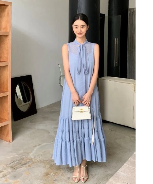 BIRTHDAY BASH(バースデイバッシュ)の「2WAY RIBBON SHEER DOT DRESS(2WAYリボンシアードットドレス)(ワンピース・レディース・ブルー・FREE)」の6枚目の写真
