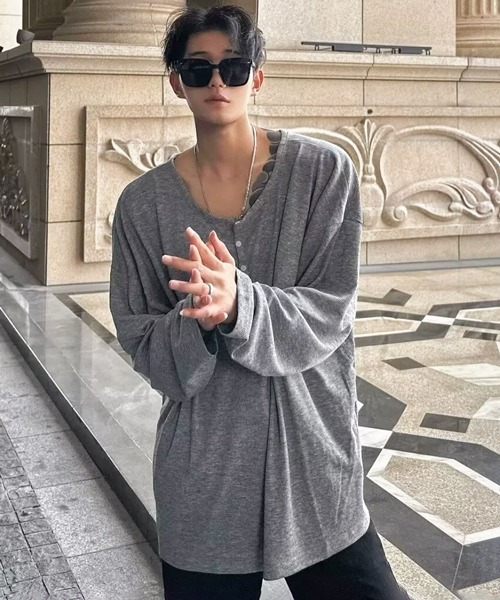 NOWLE(ノウル)の「【NOWLE】ヘンリーネック リブファブリック 長袖 Tシャツ / アーバンリラックス ロングスリーブ(Tシャツ/カットソー・メンズ・アッシュブラウン/ホワイト/ブラック/グレー・X-LARGE/MEDIUM/LARGE)」の5枚目の写真