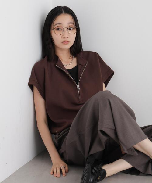 NANO universe(ナノユニバース)の「接触冷感ダンボールカットハーフジップトップス(セットアップ可)(Tシャツ/カットソー・レディース・ブラック/ブラウン/グレー・FREE)」の1枚目の写真