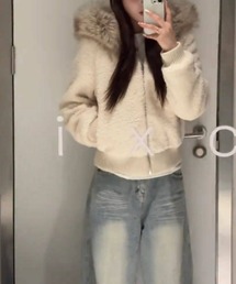 ファーフード付きボアショートブルゾン
