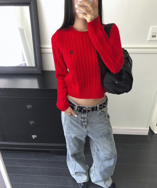 muahmuah（ムーアムーア）の「刺繍ケーブル編み クルーネックニット [レッド]（ニット/セーター・レディース・その他・FREE）」の7枚目の写真