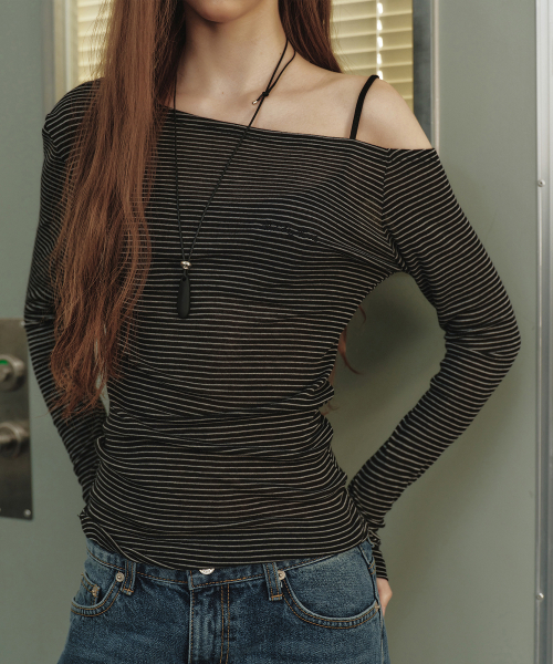NICK&NICOLE(ニックアンドニコール)の「ストライプドレープネックトップ_ブラック(Tシャツ/カットソー・レディース・ブラック・FREE)」の3枚目の写真