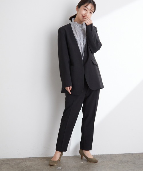 VIS（ビス）の「【選べる着丈】【洗える】【セットアップ対応】シワになりにくい美人丈、ノーカラージャケット（ノーカラージャケット・レディース・ブラック/ベージュ/ダークラベンダー・TM/TS/S/M）」の4枚目の写真