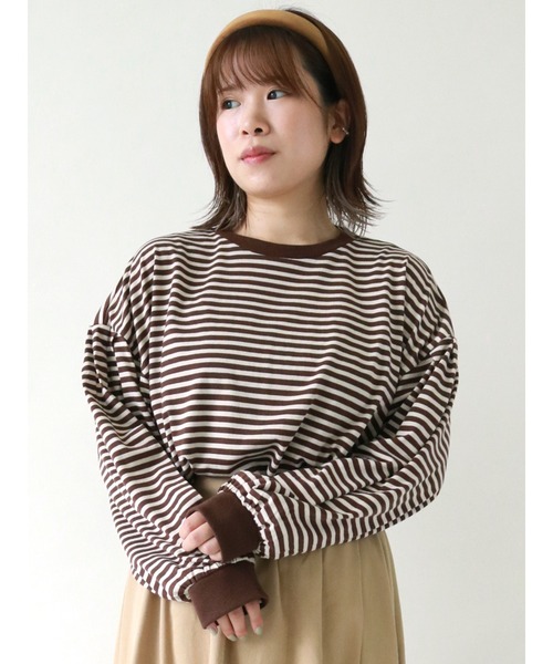 ehka sopo（エヘカソポ）の「ボーダーロングTシャツ（Tシャツ/カットソー・レディース・ベージュ/ブラウン/グリーン・ﾌﾘ-）」の2枚目の写真