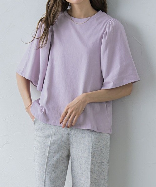 Pierrot（ピエロ）の「ギャザースリーブTシャツ（Tシャツ/カットソー・レディース・ブラック/オフホワイト/サンドベージュ/ラベンダー/ブルー系その他/イエロー系その他/オレンジ系その他/チャコール/テラコッタ/ブラウン/ネイビー/ブルー/グレー系その他/ライトピンク/ブルー系その他2・M/L）」の12枚目の写真