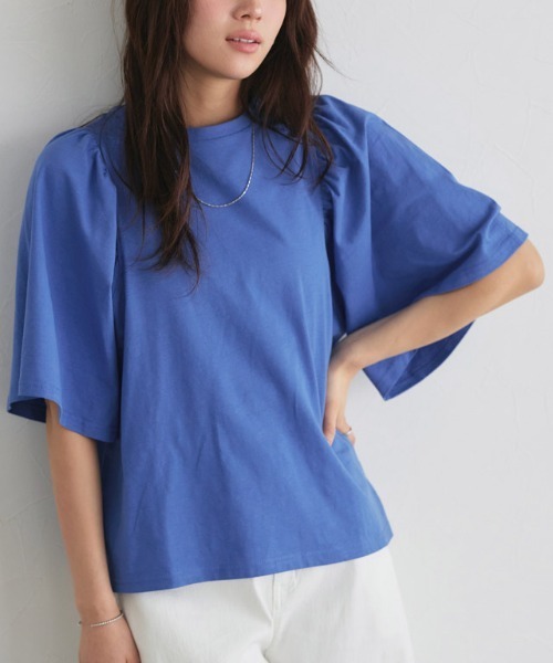 Pierrot（ピエロ）の「ギャザースリーブTシャツ（Tシャツ/カットソー・レディース・ブラック/オフホワイト/サンドベージュ/ラベンダー/ブルー系その他/イエロー系その他/オレンジ系その他/チャコール/テラコッタ/ブラウン/ネイビー/ブルー/グレー系その他/ライトピンク/ブルー系その他2・M/L）」の9枚目の写真